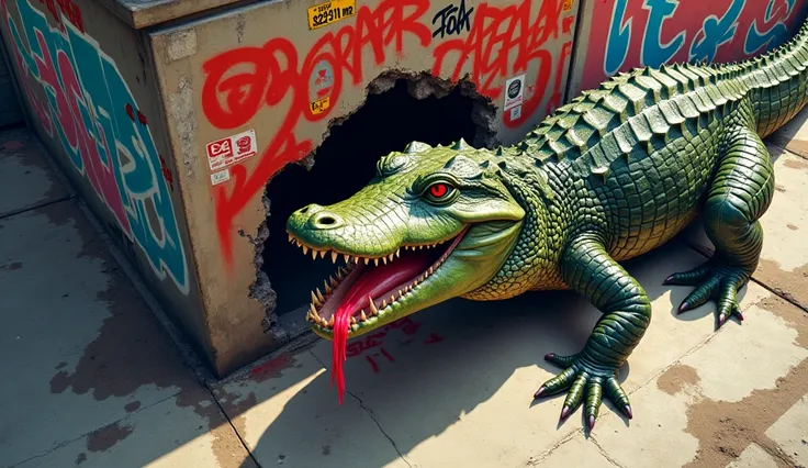 Bird&#39;s eye view,Graffiti on the street wall,A crocodile is mounted on the wall，Only half of the body is exposed,Alligator head exposed,Feet in the air,Then spit out saliva