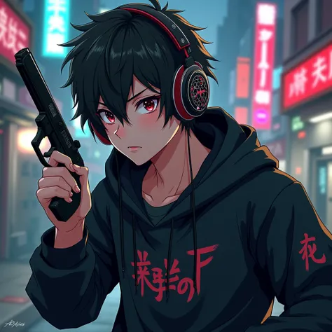 Make a anime boy waring headphones and a black hoody also carrying gun all things in music theam