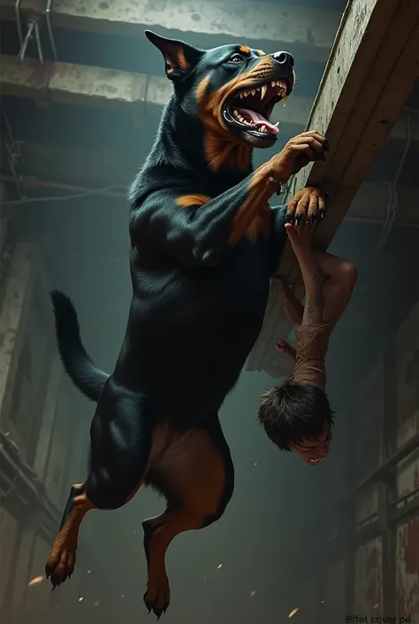 Rottweiler jumping trying to bite man hanging from a horizontal beam