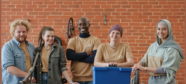 Hyper-realistic photo. professional photo. soft light. teams of happy young people. smiling. Bicycle repair workshops. Wall with bike repair tools. Bicycle wheels. Bike frames. Bike handlebars. Bike saddle