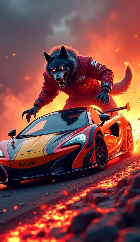 wallpaper, colorful McLaren sports car and lava floor, next to it an angry werewolf in a racing jacket, Deluxe Card Husband Background