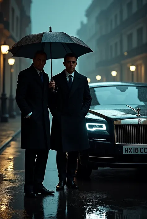 Mate black rolls royce in night rain man standing in black coat with guard and guard hold ambrella for man in rain