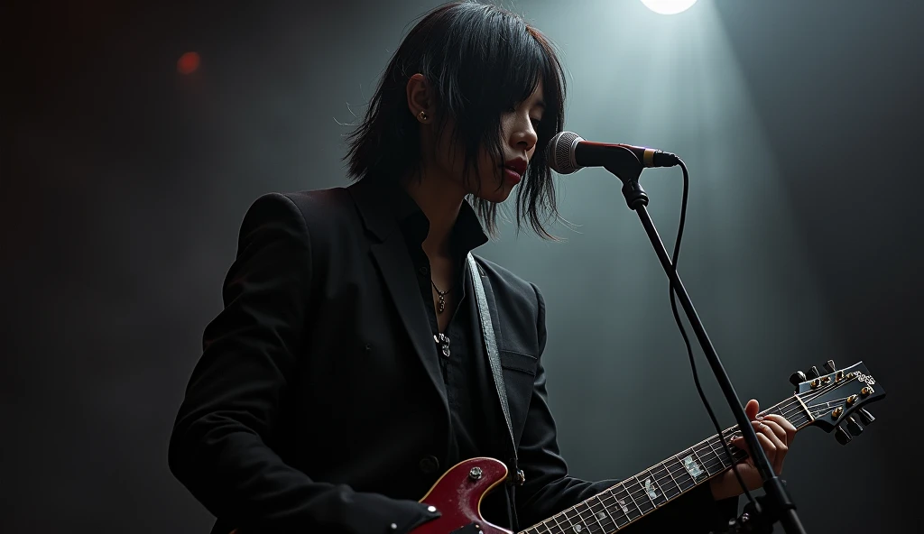 Assassin-inspired Asian rock singer, gripping an electric guitar and microphone, performing with dramatic flair on a shadowy stage.