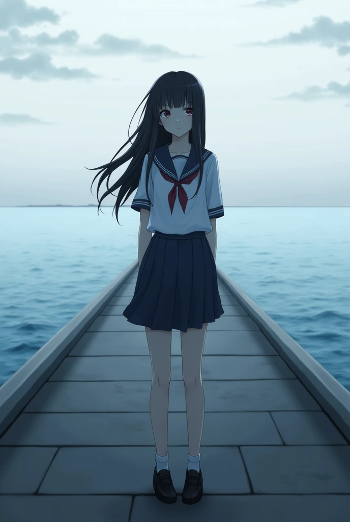 "girl standing on pier, lonely expression, black hair, sailor uniform, anime style"