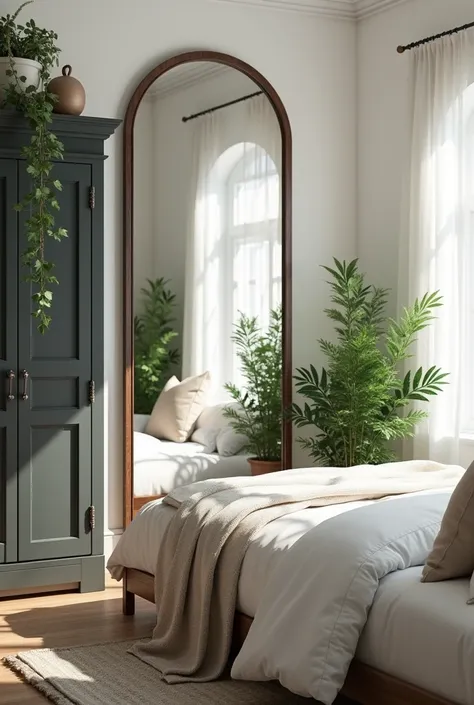 Create me a botanical cottagecore room with white walls , a giant mirror on the wall and a dark grey closet with a bed  