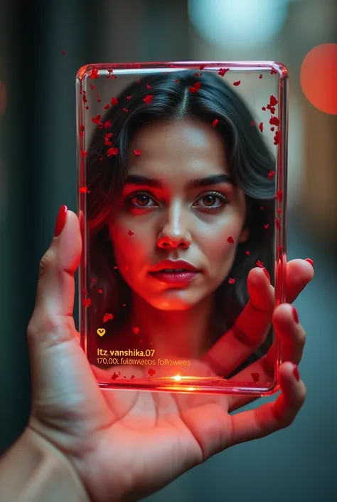 Create a one Instagram page are transparent glass and the picture of women and decomed by red Riaz and the name of ID instagram is itz_vanshika_07 and followers 170k and one man hold this glass in hand and on the transparent glass name of itz_vanshika_07