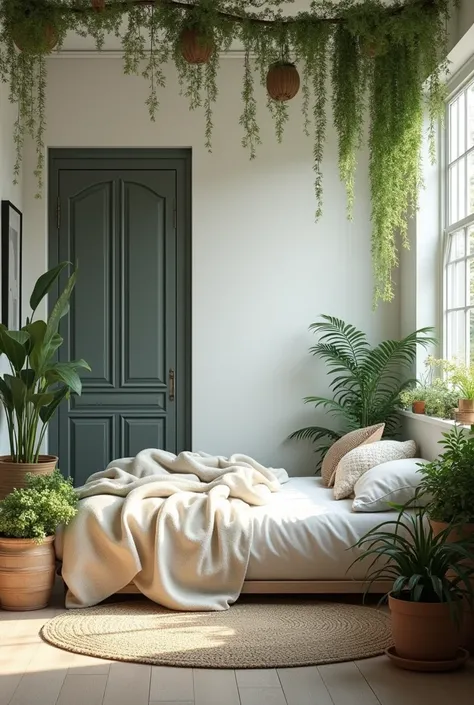 Create me a botanical cottagecore room with white walls , a giant borderless mirror on the wall and a dark grey closet with a bed  