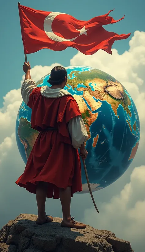 A split-screen image of Columbus on one side, proudly holding a flag, and a modern globe on the other side, showing the Americas connected to Europe. The scene visually compares Columbuss discovery to the global world we know today.

