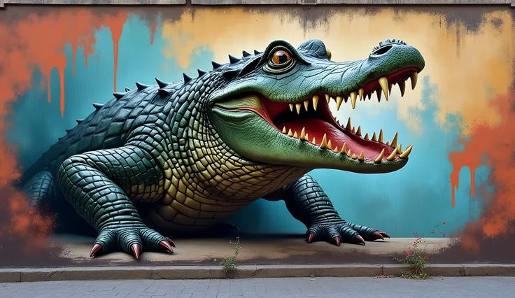 Graffiti on the street wall,A crocodile is mounted on the wall，Only half of the body is exposed,Alligator head exposed,Feet in the air,Then spit out saliva,front view,Bright and clear HD UHD