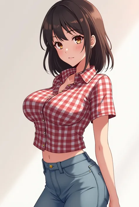 Beautiful hot sexy slim body anime girl with big boobs in full chex shirt and jeans 