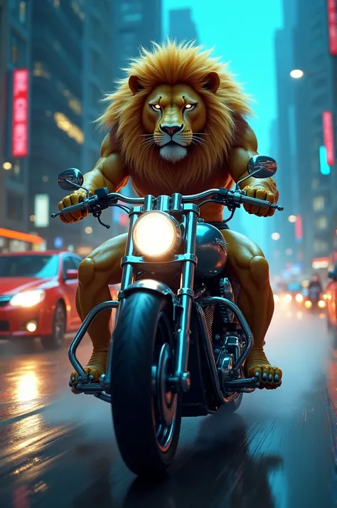 Lion driving a motor bike on the busy road in blue light 
