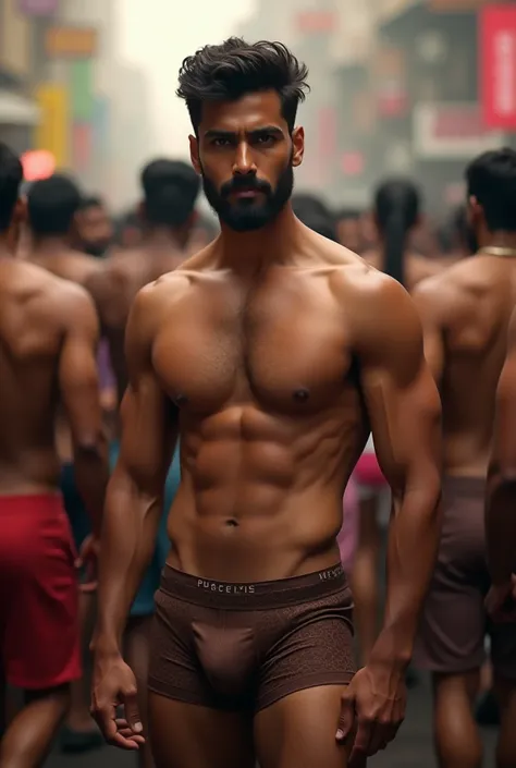 A sexy indian men wearing chocolate brown underwear  standing in crowd