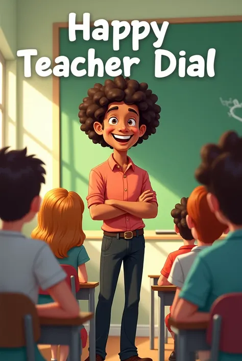 Disney Picsart style image with a teacher with cinnamon skin and chocolate-colored curly hair, He wears long black pants and a melon-colored button-down shirt in a green-and-white classroom with teenage students. With the phrase happy teacher dial