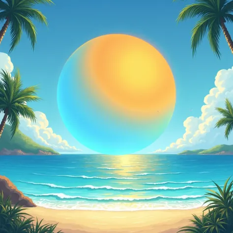 Sun with color is blue and orange half,still on sky,blue sea,summer beach