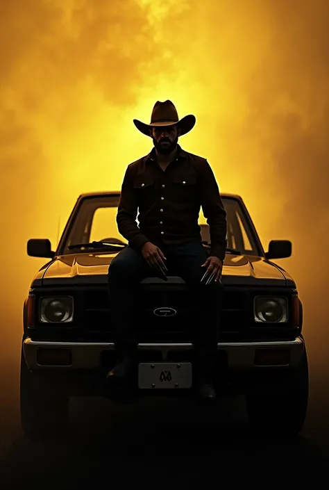 Cinematic Composition darkness A A man with a wolverine as Logan Hugh jackman, garras de adamantium, mask and cowboy hat sitting on the hood of a pickup truck from X-men, yellow marrom