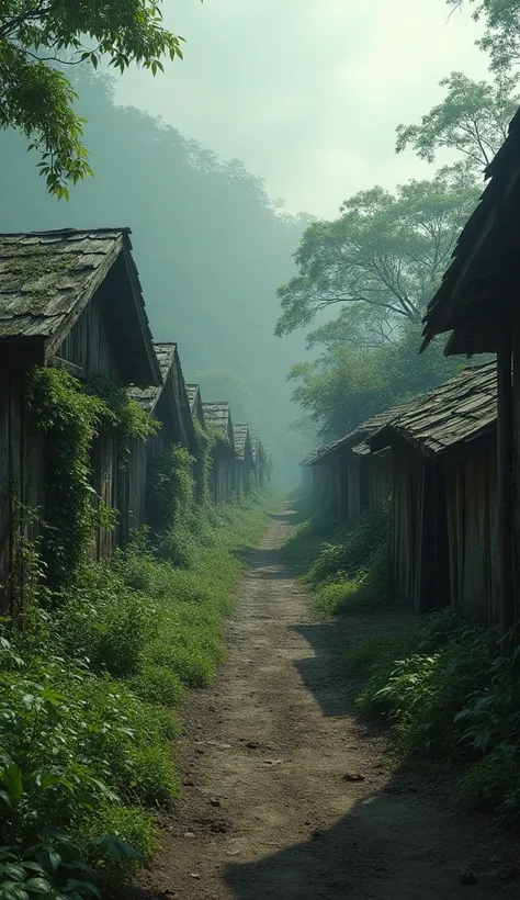 Create an image depicting an abandoned colonial village settlement with dilapidated wooden huts and wild nature surroundings evoking a sense of mystery and desolation.Add some panoramic view