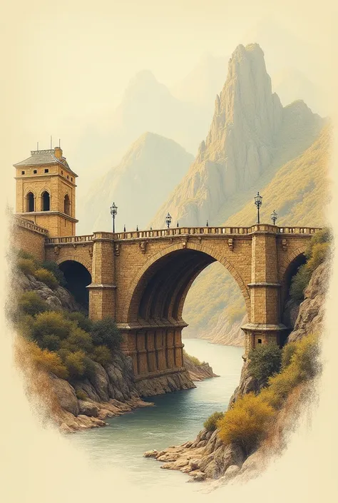 Sketch of a bridge with a view that shows the entire bridge