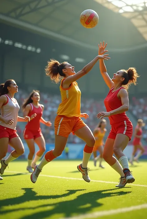 Generate a realistic throwball image of women playing
