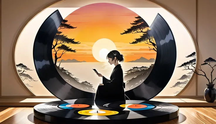  Pencil drawing,  Ink Painting, Japanese painting, woodblock print, A fusion of watercolor and oil painting, A fusion of paper cutting and shadow art, Cool Beauty,Woman listening to a record、In the sunset room、Light and shadow contrast, 2.5D, Conceptual in...