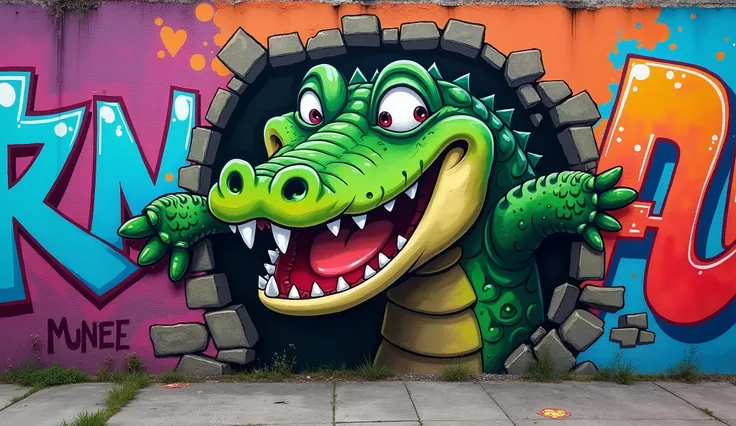 Graffiti on the street wall,A crocodile is mounted on the wall，Only half of the body is exposed,Alligator head exposed,Feet in the air,Then the crocodile kept grinning,Happy,front view,Bright and clear HD UHD
