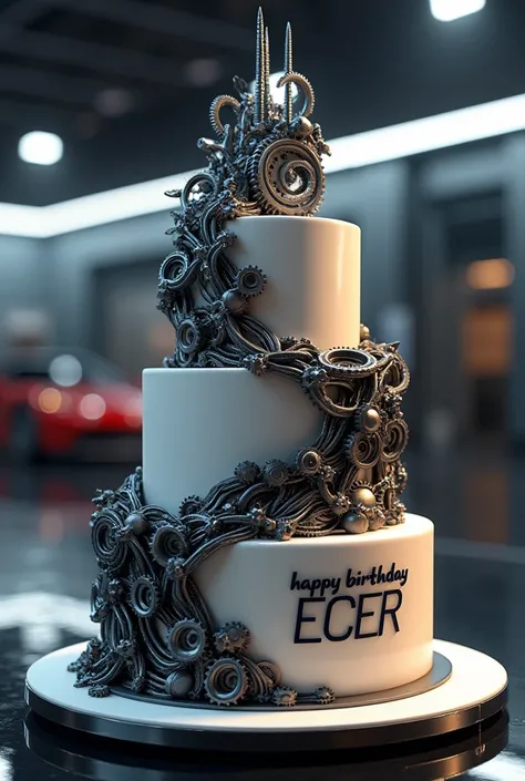 Birthday cake that says "Happy birthday Écer" automotive style decoration