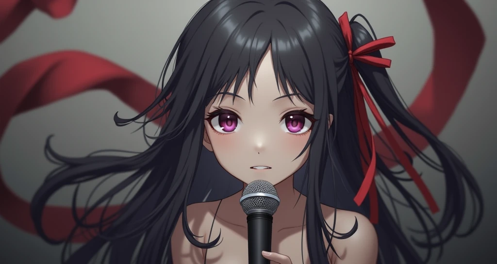 1girl, bare shoulders, black hair, hair ribbon, long hair, looking at viewer, microphone, purple eyes, red eyes, red ribbon, ribbon, solo