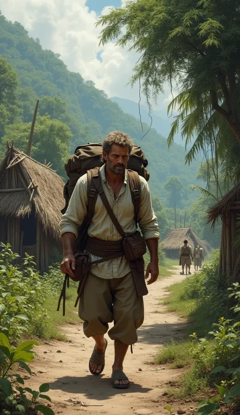 Create an image that represents John White returning to his lands with a backpack. It must be a representative image of 1587. In front of you should see an empty village with dilapidated huts and surrounded by wild jungle.