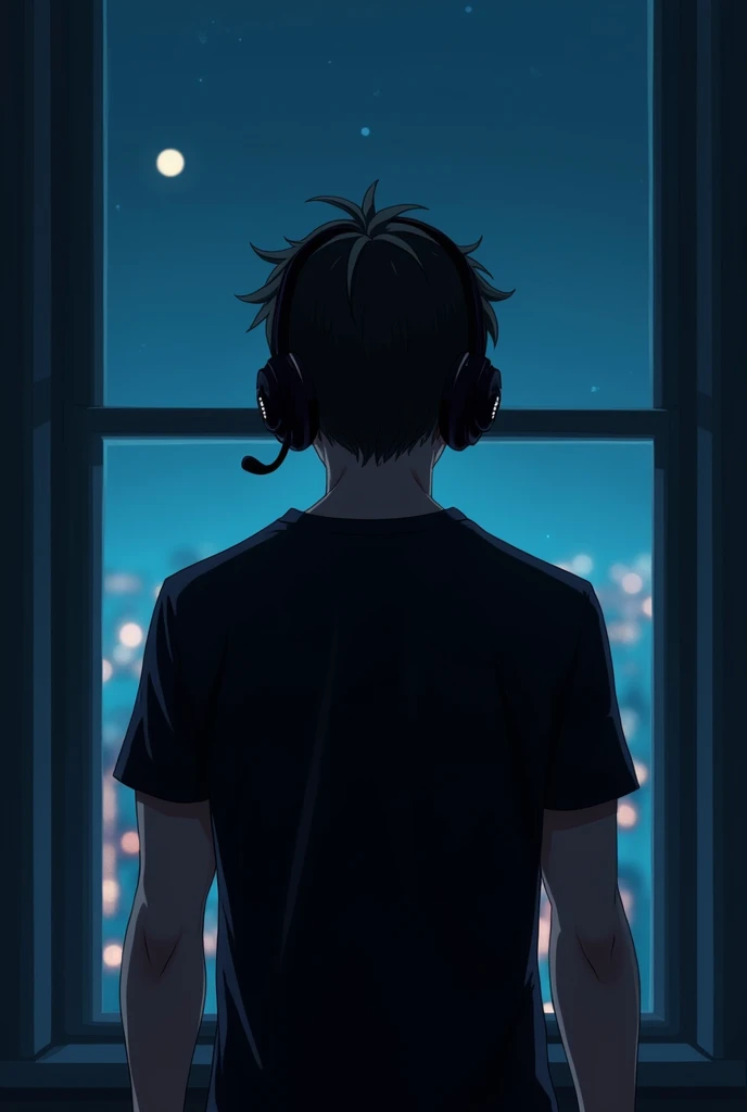 A 1 boy wearing headphones and Black t shirt and also wearing black earing 
 standing front of window at night  and he is looking at window also we are only able to see his back and he has muscle also his color is fair and windows are big 