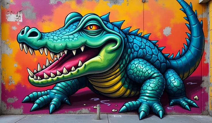 Graffiti on the street wall,A crocodile is mounted on the wall，Only half of the body is exposed,Alligator head exposed,Feet in the air,Then the crocodile was so happy,front view,Bright and clear HD UHD
