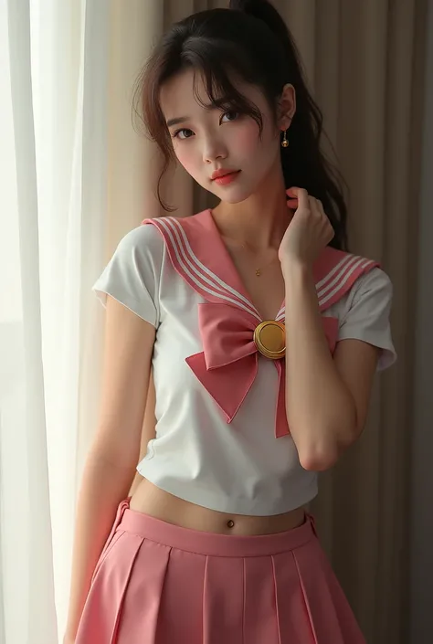 ((Realistic portrait photo)) High-quality Realistic of thai woman, Beautiful girl (((large breast , big breast , nsfw))) , Best Quality, 20 years old thai girl with long brown hair, Beautiful thai teen in a sailor moon uniform ((Realistic portrait photo))(...