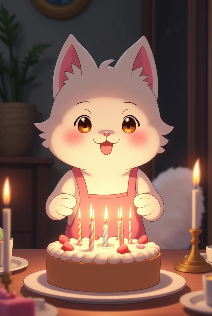 Line Stamp Specification、anime、Fluffy and adorable、White ermine mother wearing a pink apron celebrating her birthday、The moment when the cake with the candles in the hall is presented to the guest with joy.、Background is a dark room