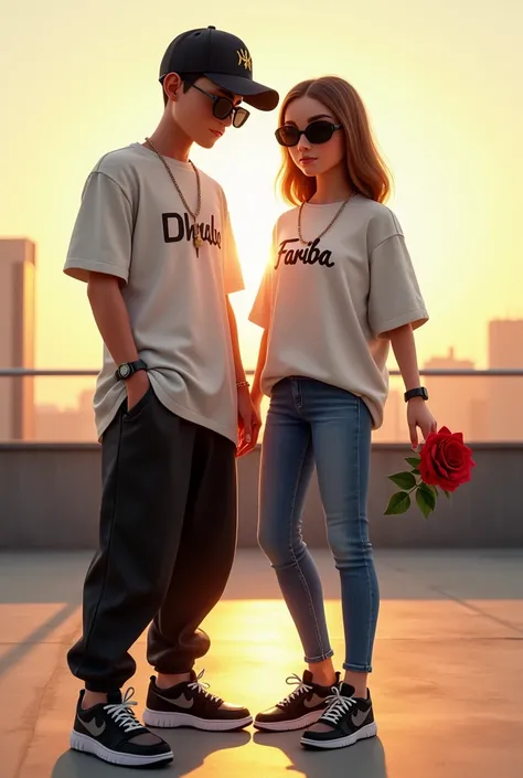 A boy  wearing a mad black pant and Dhrubo written on the  white t shirt and black nike air jordans and a rolex watch in hand with black sunglass and wearing a black cap standing on rooftop with sun shine with a girl and she is wearing a blue jeans and Far...