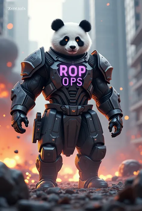 Create a realistic futuristic image of a warrior panda with a cannon in the background with explosions and in the middle centered written ROP OPS with letters in purple and black colors