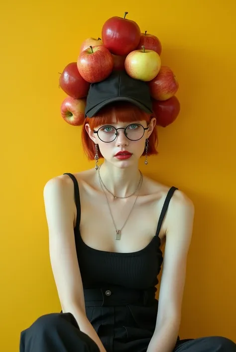 20-year-old woman、Long face、Sharp Eyes、Cold Stare、Eye Makeup、Transparent white skin、Permed red short hair、Straight bangs、Wearing a cap、Tank tops、Wide-leg trousers、Earrings、Round Glasses、He has a lot of apples on his head、Sitting、Yellow Wall。