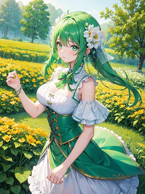 (((One Girl)))、Dancing green-haired 1 beautiful fairy、Bust up shot、Fantasy、The background is a flower field