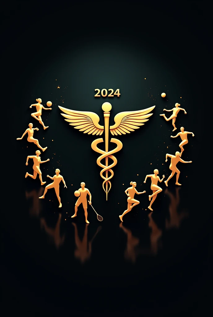 Medicine caduceus logo for fest with dark background in middle and small golden logos of basketball, football, badminton, cricket, chess, masks logos around it played by 8 sports persons in curve u shape around it with “imprints”as heading and “2024” as su...