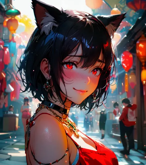 masterpiece, short hair, cat ears,cat tail, Red eyes Embarrassed, smile, foreground, jewelry, jewelry, black short t-shirts , Red shorts and a black skirt with a split crotch