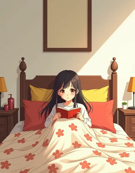 2D anime a beautiful  girl is sitting on bed reading a book , eyes with no lashes ghibli style effect , illustration effect art style, she covered herself with floral blanket, a frame on wall , wall paint is white, pillows are yellow and red clr , side tab...