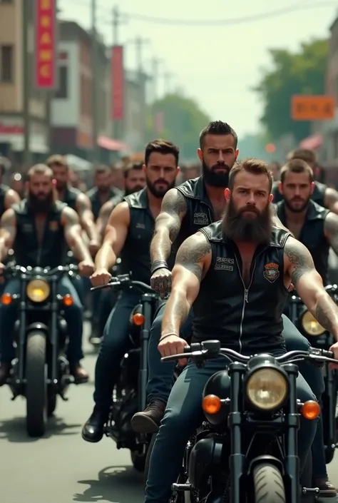 Video of a bobber motorcycle procession with motorcyclists wearing black leather sleeveless vests, short hair, long beard, tattooed, "finance" at a motorcyclist headquarters that has the sign BRMC