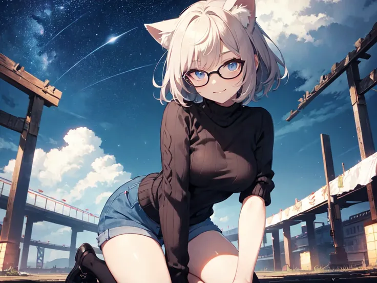 solo、alone、Front cut-in、Adult women、Cat ears、Big Breasts、Big Ass、Kneeling and bending forward、(Wearing glasses、Sharp Eye)、Cheek makeup、Heavy makeup、(Cable knit sweater)、Shorts、Starry Sky、Night Sky、Strong winds、Center of chest、smile、Short Hair、UHD、masterpie...