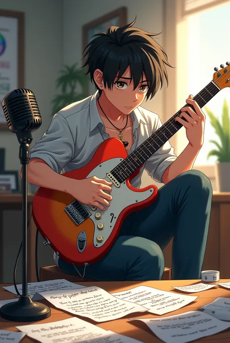 I want a pose to draw Pose is an anime male holding an electric guitar sitting on a desk writing comedy lyrics next to a mic with a bunch of lyrics paper with a tired, listless face looking across 