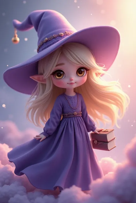 A cute witch with cream hair, brown eyes, human ears and a purple dress.