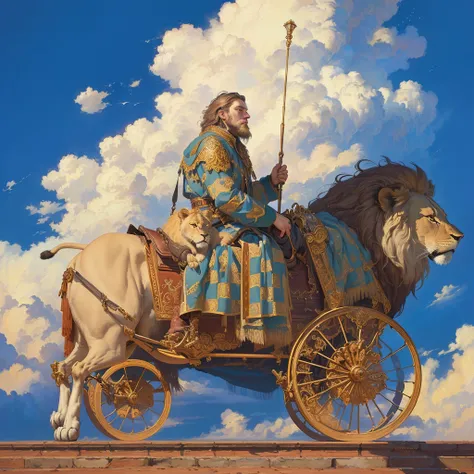 painting of a man riding in a carriage with a lion, sergey zabelin, the man riding is on the lion, chariot, inspired by James C. Christensen, alexey egorov, by James C. Christensen, the wise man is riding on top, michael whelan and pixar, by Alexander Kuch...