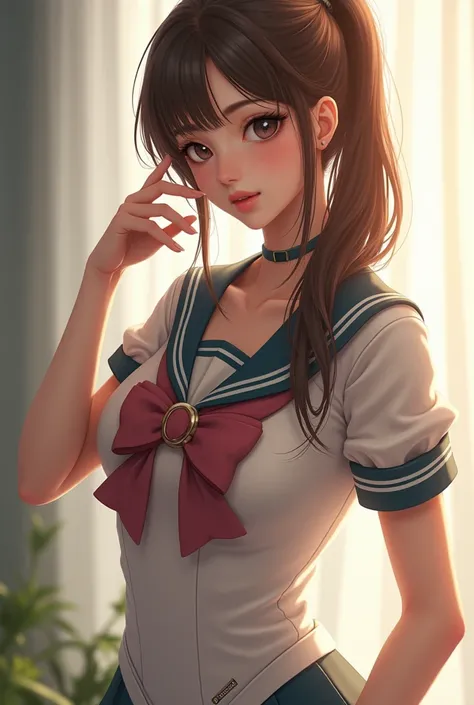 ((Realistic portrait photo)) High-quality Realistic of thai woman, Beautiful girl (((large breast , big breast , nsfw))) , Best Quality, 20 years old thai girl with long brown hair, Beautiful thai teen in a sailor moon uniform ((Realistic portrait photo))(...