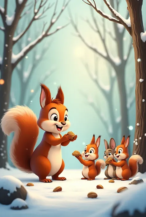 Create animated picture for kids story book 
squirrel in winter season sharing nuts with his friends 