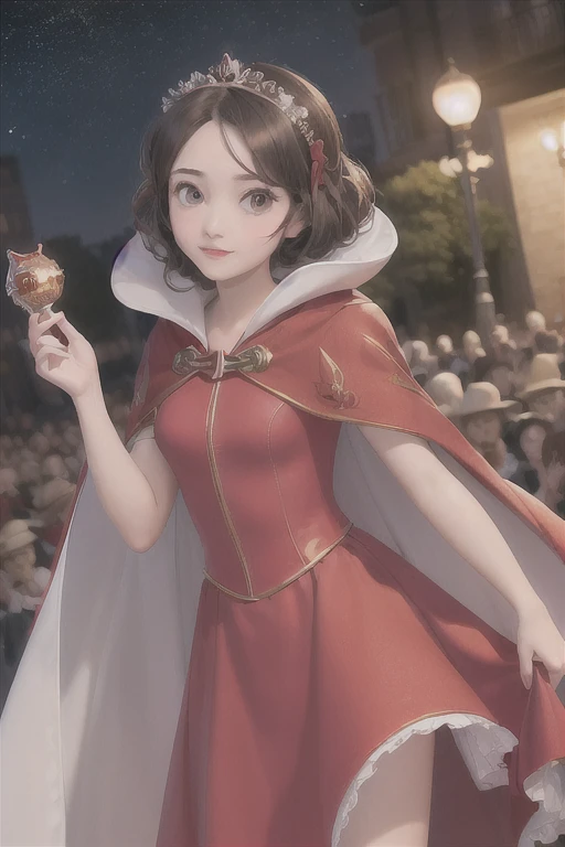 ((masterpiece:1.2), Best Quality, High resolution, Very detailed), Alone, One girl, (Snow Princess W,Disney&#39;s Snow White,Beautiful Skin:1.2),(Droopy eyes:1.4), (,Small breasts,Brown eyes,Big eyes,Black Hair,Retro Curly Bob:1.1),Elegant face,(A red head...