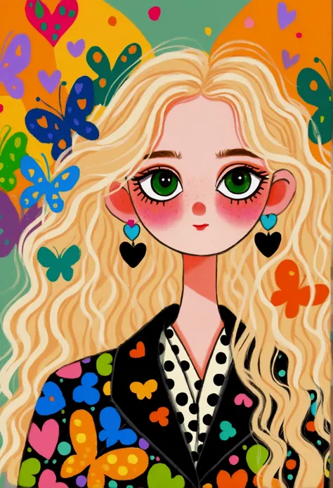 A painting，Pastel Art：wide-eyed expression, long wavy blonde hair, wearing colorful polka-dotted dress, black jacket, green and black earrings, facing forward, Serious gaze, smooth light skin, indoor setting with vibrant colorful hearts and butterfly, abst...