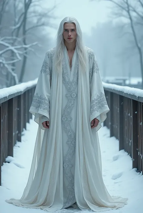 Boy, 20 years, white long hair, dripping down the shoulders, bright blue eyes, long white robe with silver patterns, stands on the bridge in winter, full-length