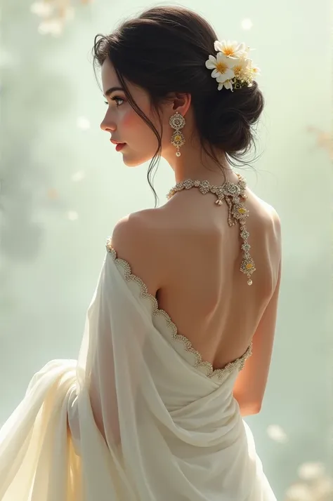 A girl wearing white saree and gajra with back pose