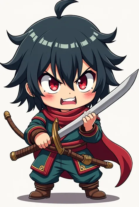 chibi, one eyeball warrior holding a sword , angry expression, anime, manga, funny
